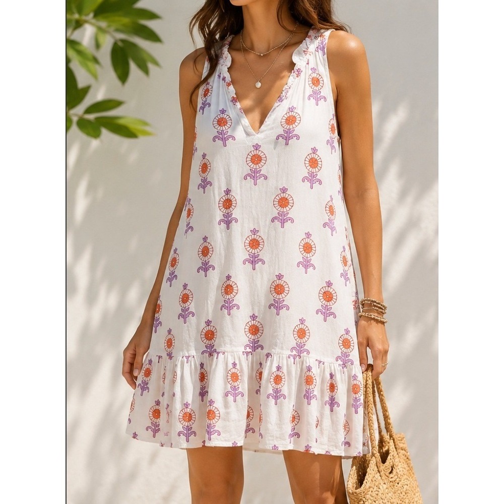 Oliphant Sz S White Block Print Dress Boho Drop Waist Ruffle Hem 100% Cotton